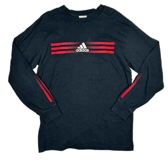 Adidas Shirt Youth L Black Three‎ Stripes Graphic Y2K Long Sleeve Boys Pullover - Picture 1 of 10